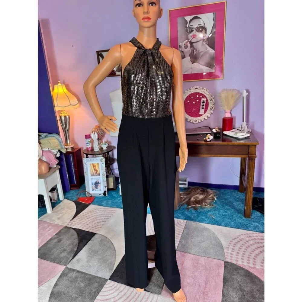 Sequin Halter Jumpsuit in Black and Bronze Gold - Picture 10 of 12